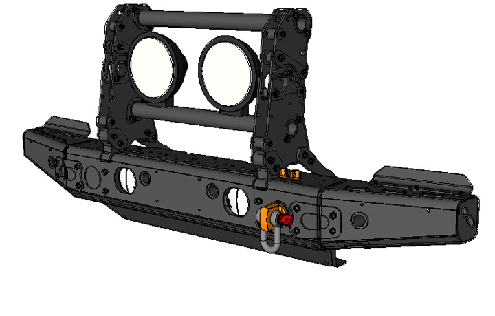 <b>Modular Front-End System (MFES-JK C4) with Full Grill Guard, Skid Plate, Rotator Shackle Mount and Auxiliary Lighting</b><span><br /> Designed by <b><a href='/success-stories/mud-snow-sand-meet-technology/'>Trey Hermann</a></b> of <b><a href='http://pronghorngear.com/'>Pronghorn Overland Gear</a></b> • Created in <a href='/3d-modeling/3d-modeling-cobalt.html'>Cobalt CAD & 3D Modeling Software</a></span>